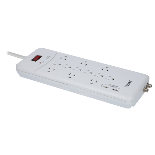 12-OUTLET 4050J SURGE PROTECTOR POWER STRIP WITH 2 USB 2.1A, RIGHT ANGLE PLUG, 6FT (WHITE)